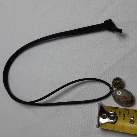 Chrysocolla and Green Glass Copper Wire Wrap Necklace - Picture 3 of 3